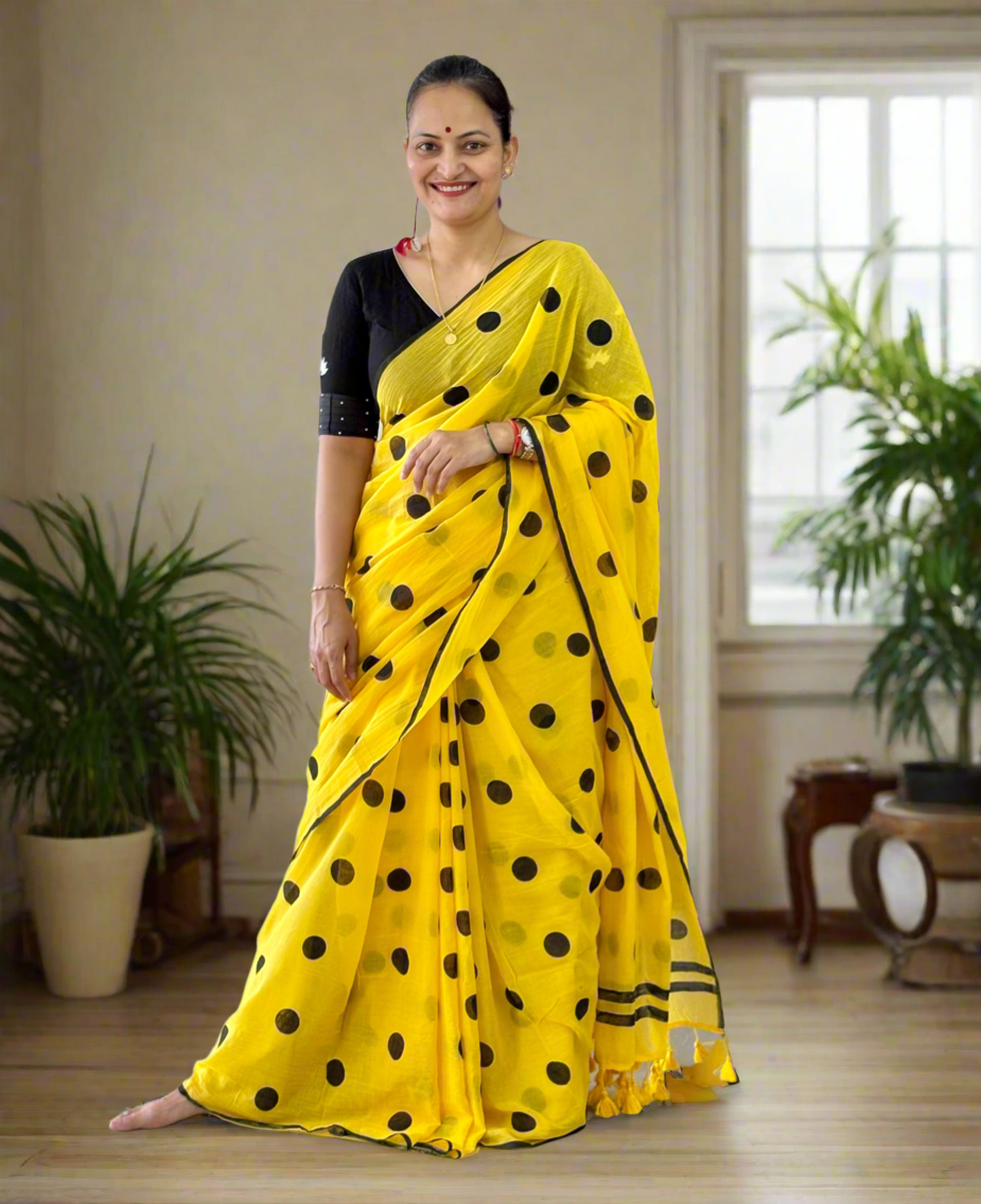 Mul Cotton polka dots Saree - Yellow