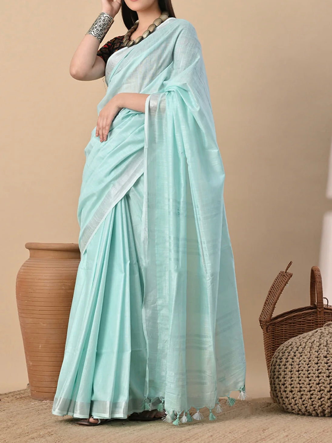 Cotton Linen Saree With running Blouse
