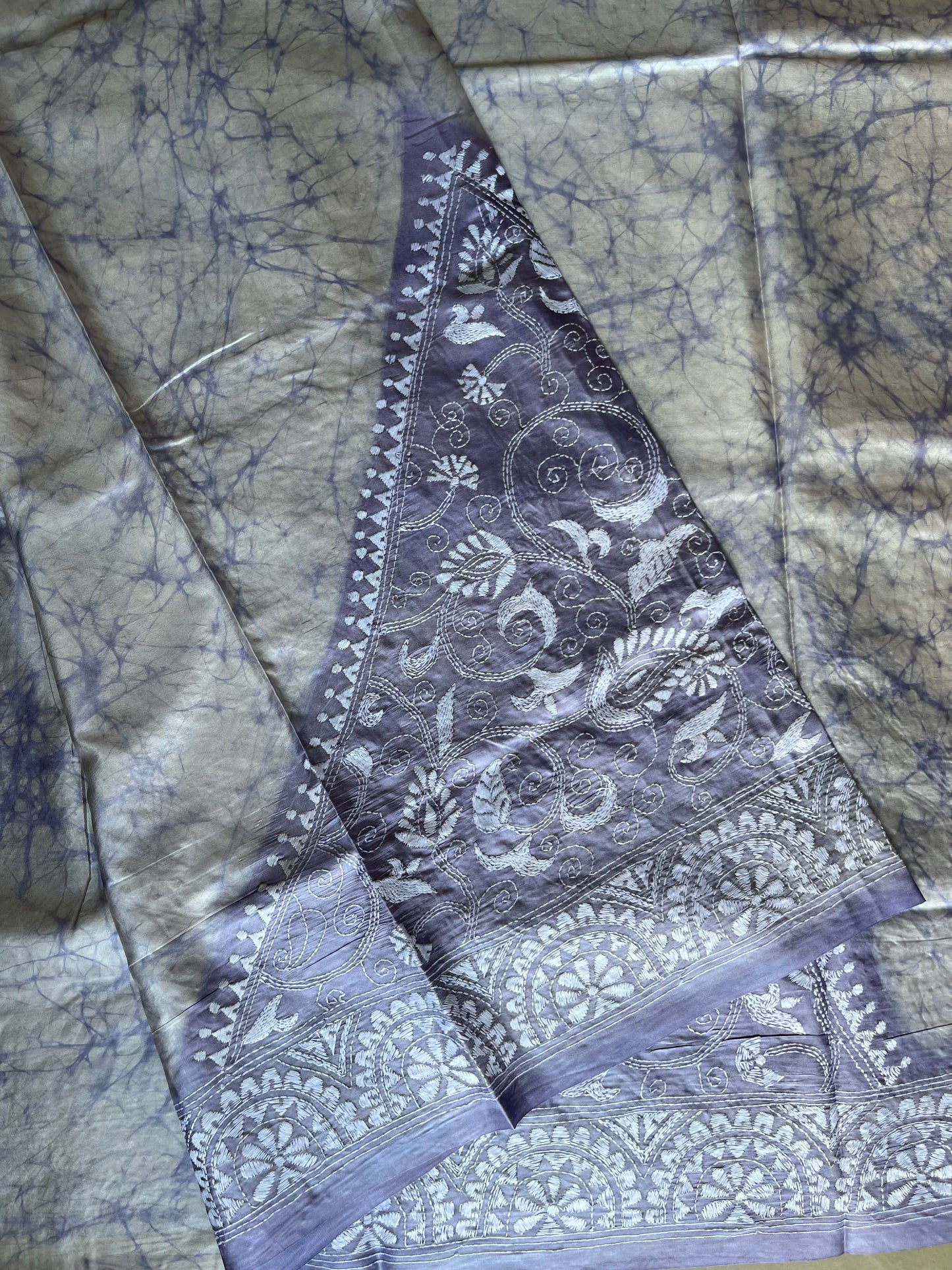 Kantha Stitch Hand Embroidered Art Silk Saree With Blouse