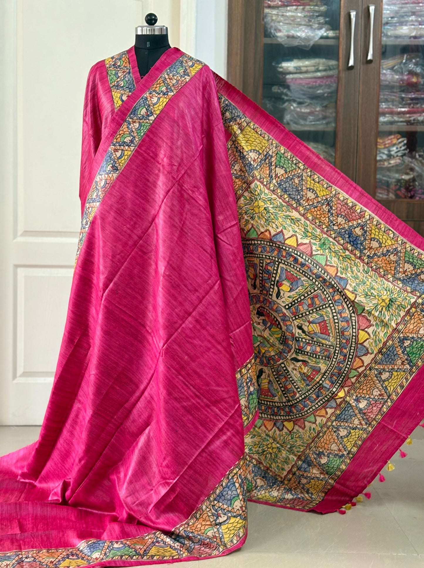 Pure Tussar Ghicha Silk Handcrafted Madhubani Saree (Silk Marked)