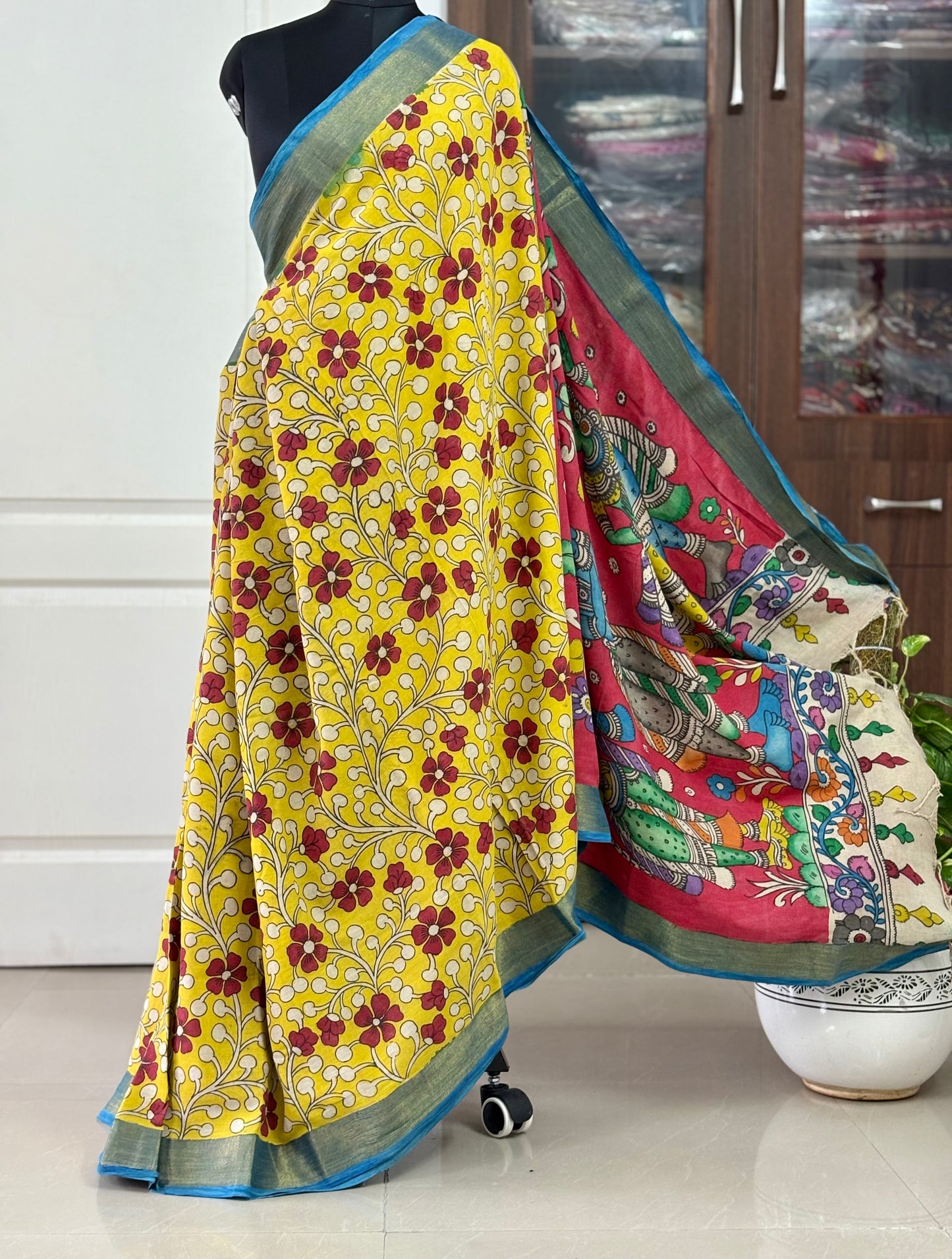 Pen Kalamkari hand painted pure cotton Saree with blouse