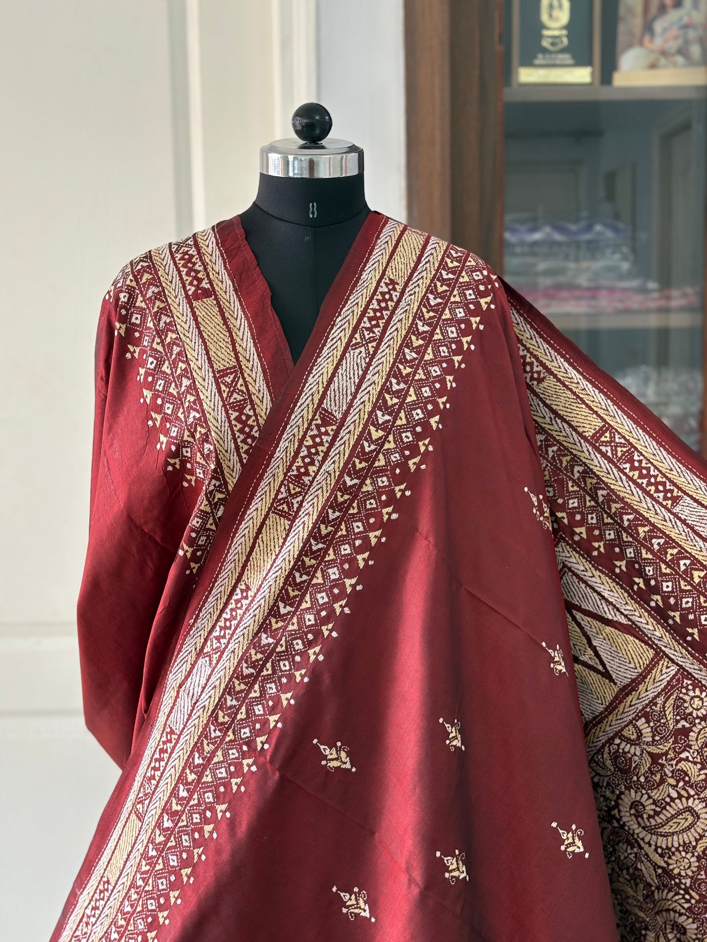 Kantha Stitch Hand Embroidered Pure Banglore Silk Saree (Silk Marked)