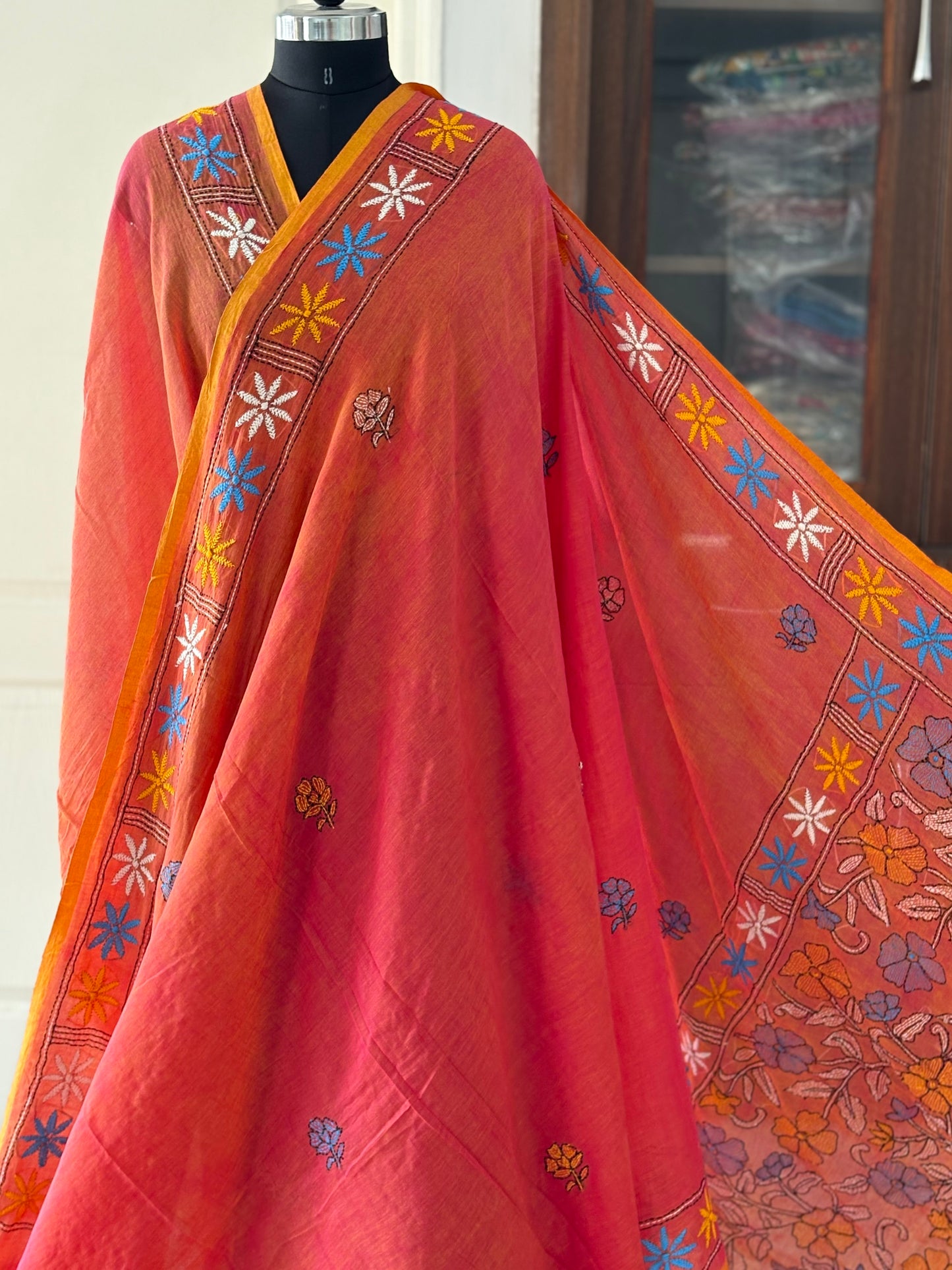 Kantha stitch Hand Embroidered Pure mul Cotton Saree