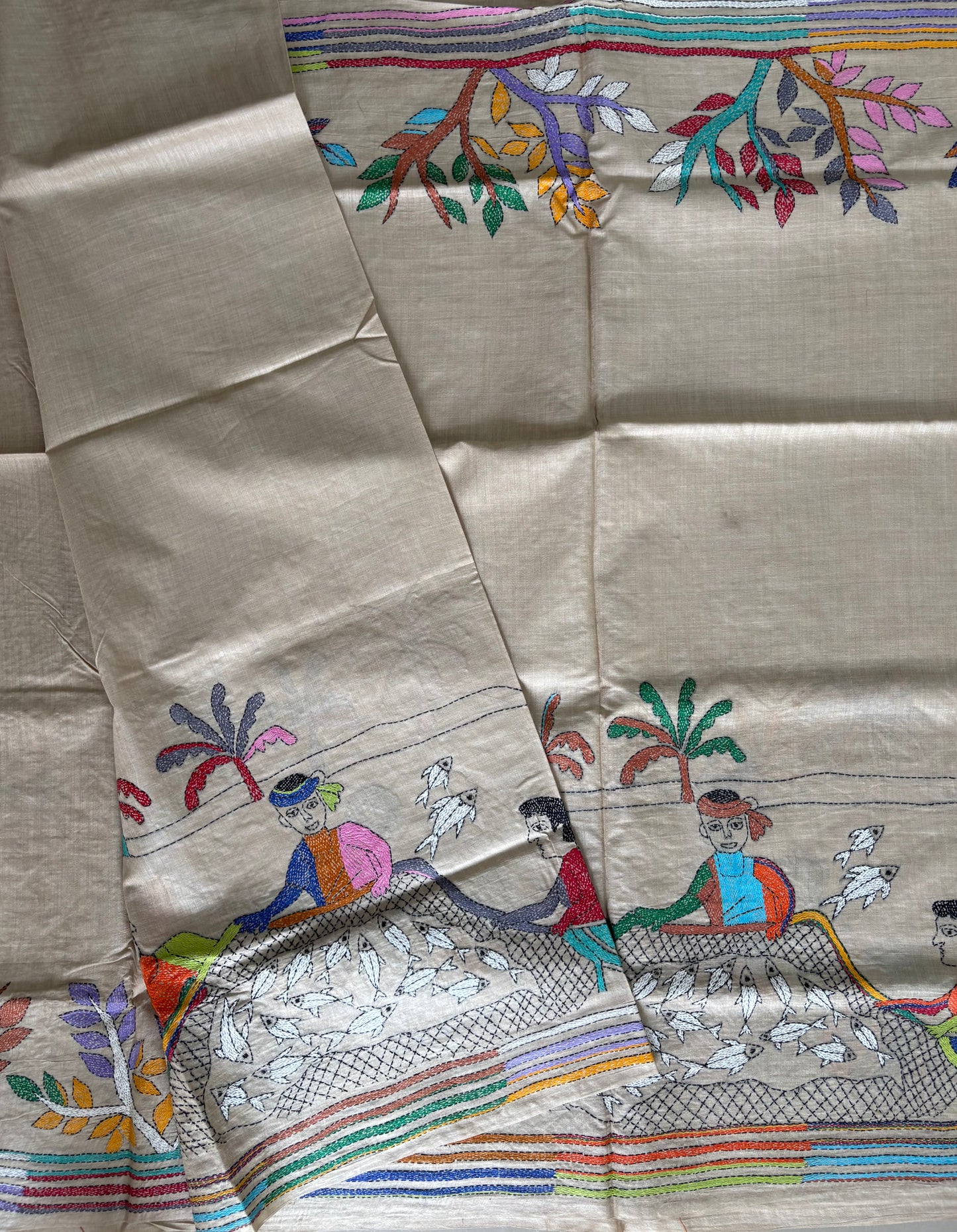 Kantha Stitch Hand Embroidered Pure Gachi by Gachi Tassar Silk Saree (Silk Marked)