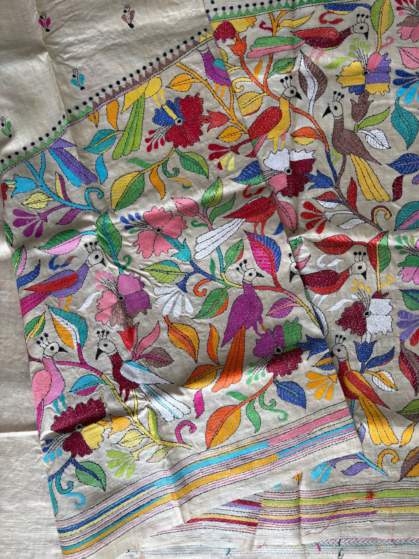 Kantha Stitch Hand Embroidered Pure Gachi Tussar Silk Saree (Silk Marked)