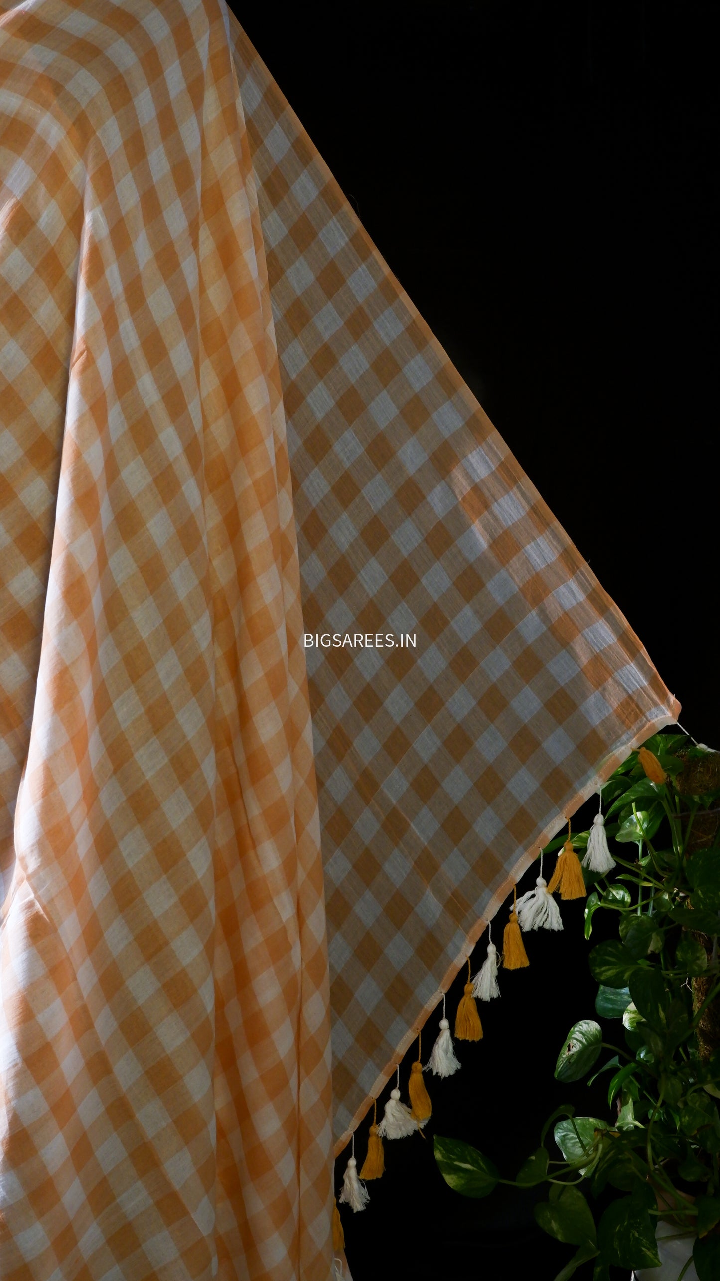 Checkered Mul Cotton Saree With Ikat Blouse | Ultra Lightweight | Light Brown