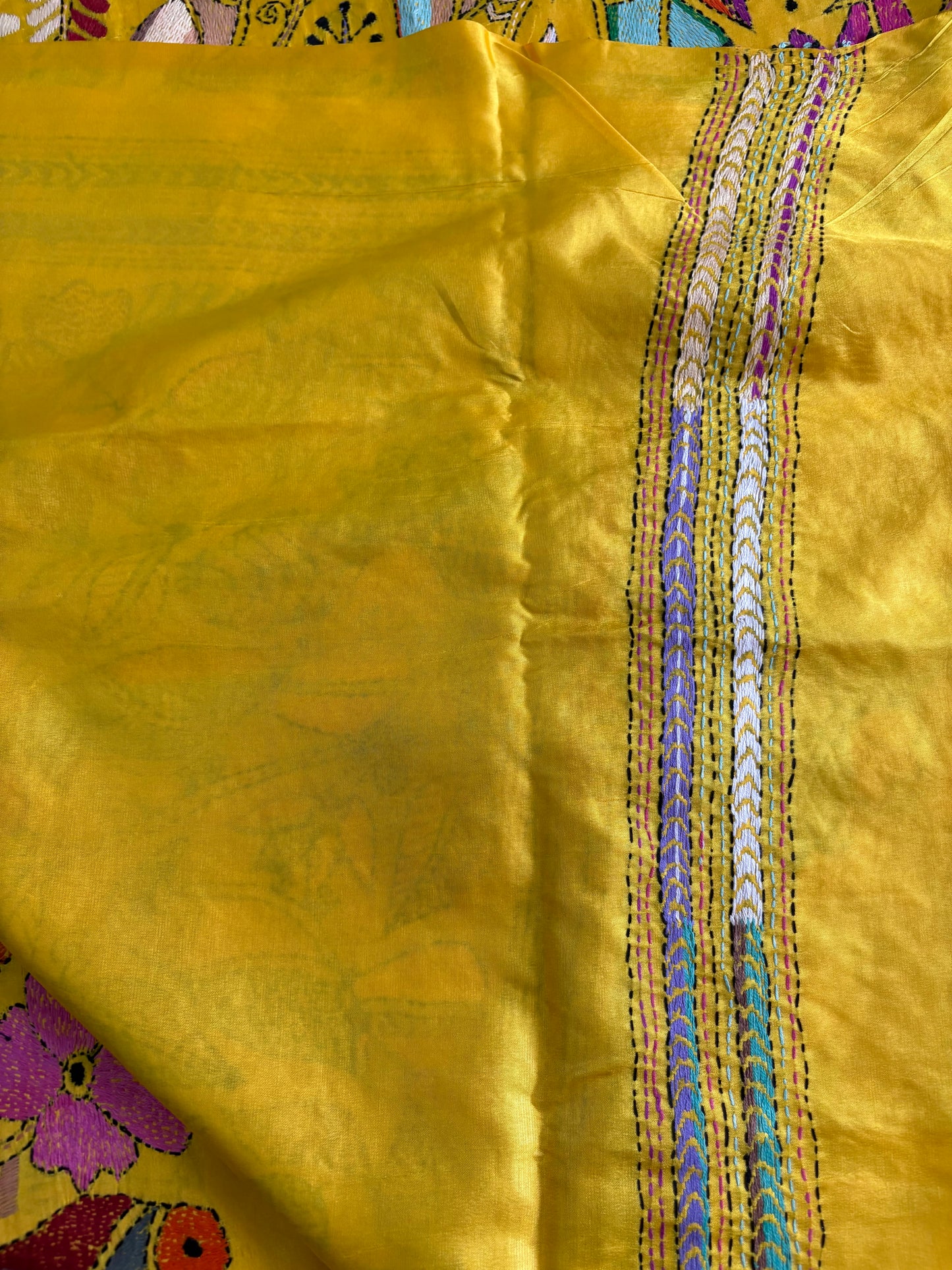 Yellow Kantha stitch Saree in blended Bangalore Silk / Art Silk
