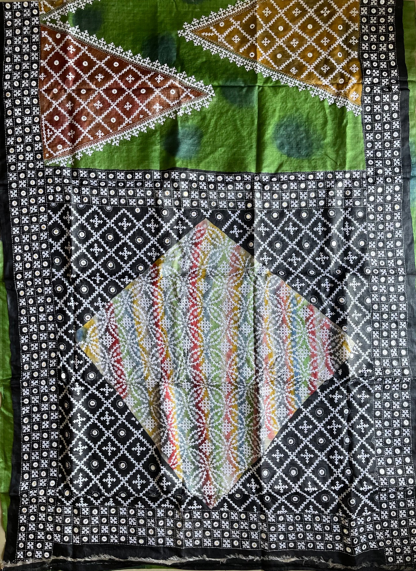 Green Kutch work/Gujrati stitch Hand Embroidered Pure Tassar Silk Saree