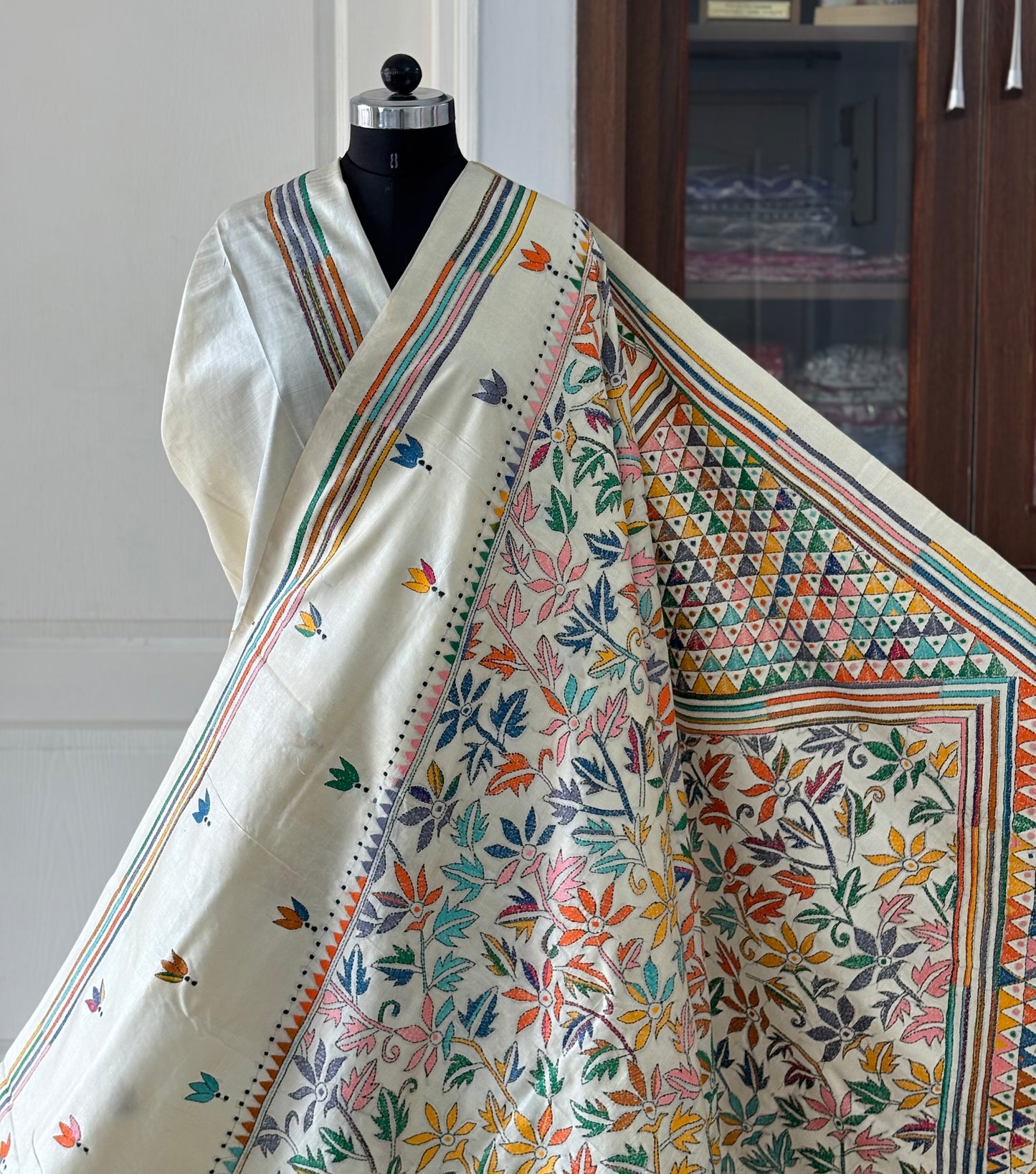 Off White Kantha Hand Embroidered Pure Tassar Silk Saree