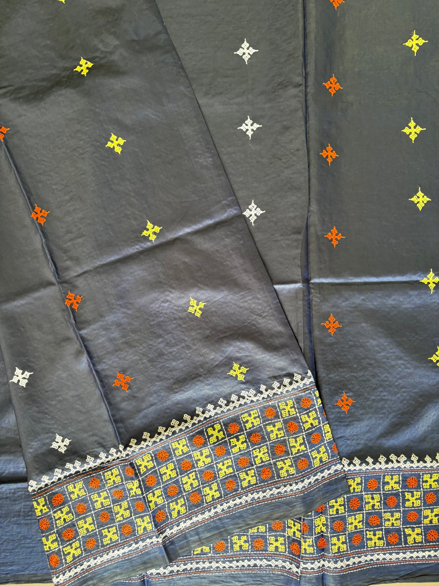 Gujrati Stitch/Kutch Hand Embroidered Art Silk Saree