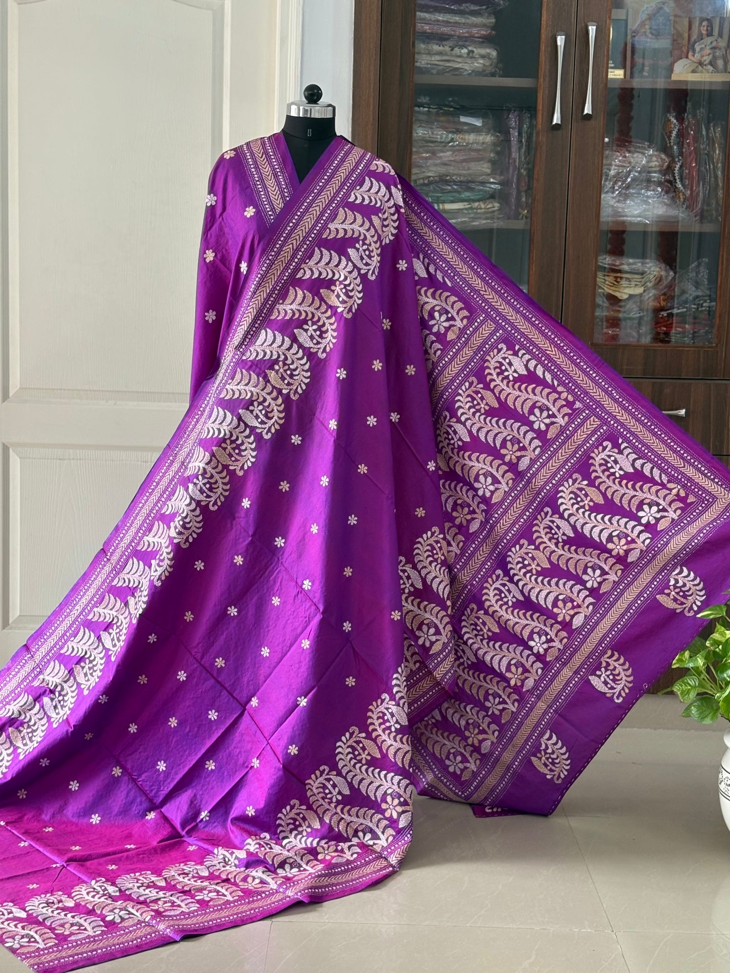 Purple Kantha Stitch Hand Embroidered Pure Banglore Silk Saree