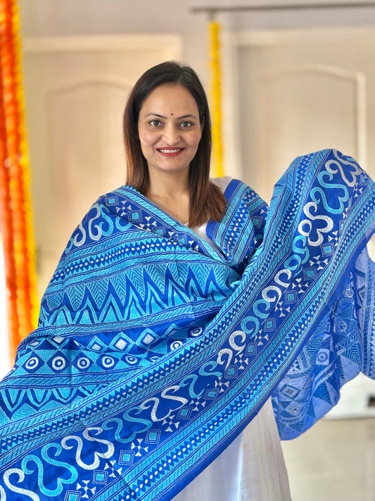 Kantha Stitch Hand Embroidary Full Work Pure Banglore Silk Dupatta.(With Silk Mark)