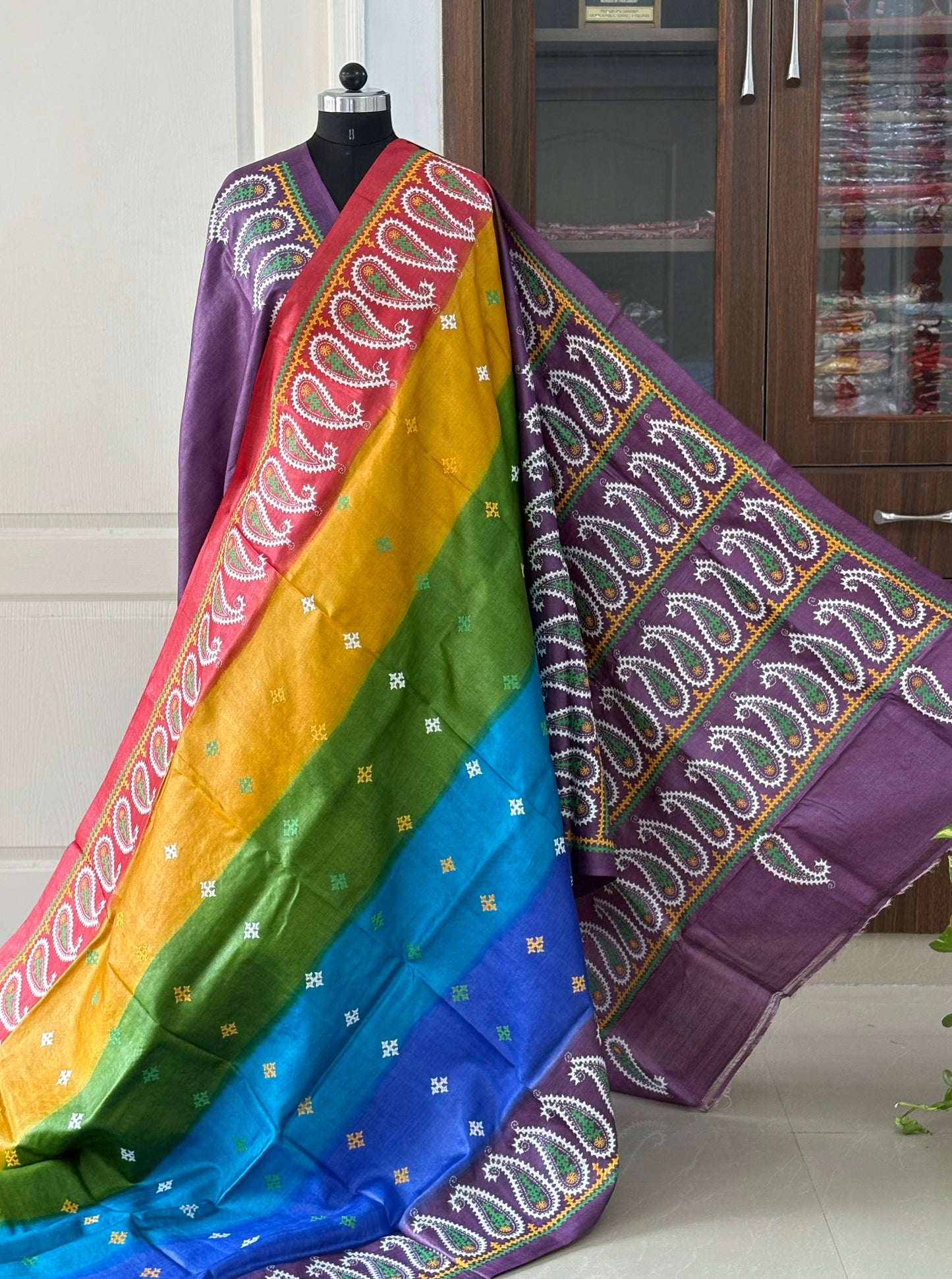 Kutch work/Gujrati stitch Hand Embroidered Pure Tassar Silk Saree