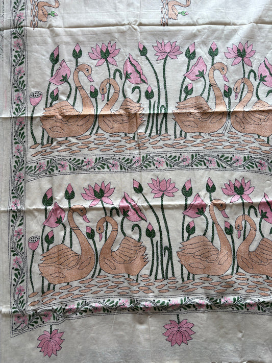 Kantha stitch Khadi Cotton Saree - Off white