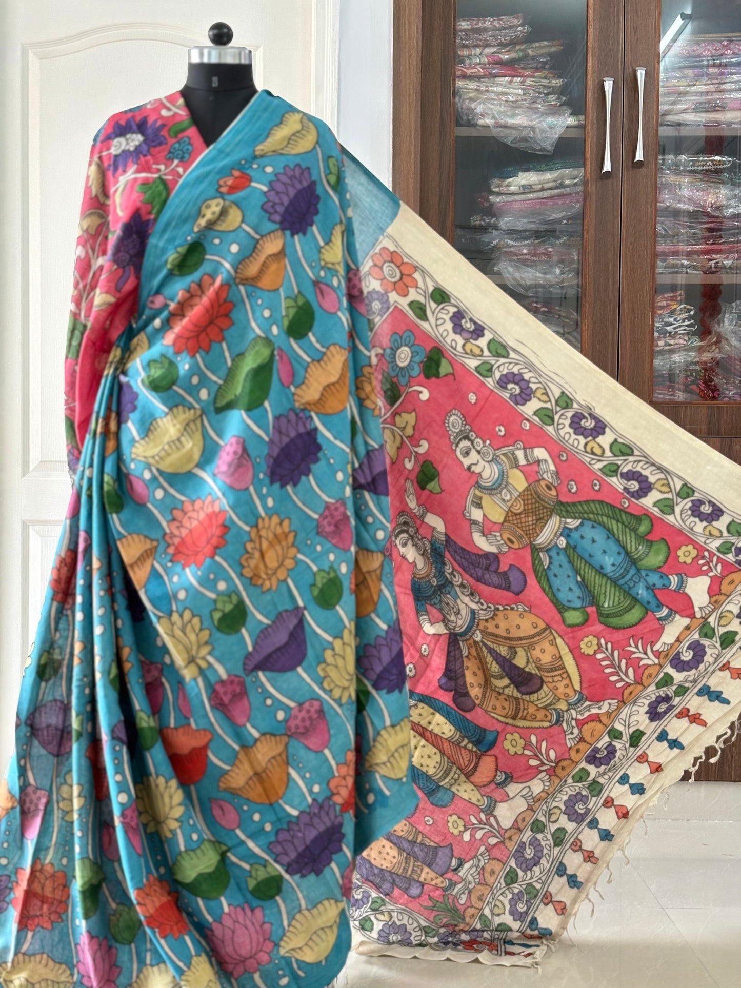 Pen Kalamkari hand painted pure cotton Saree with blouse
