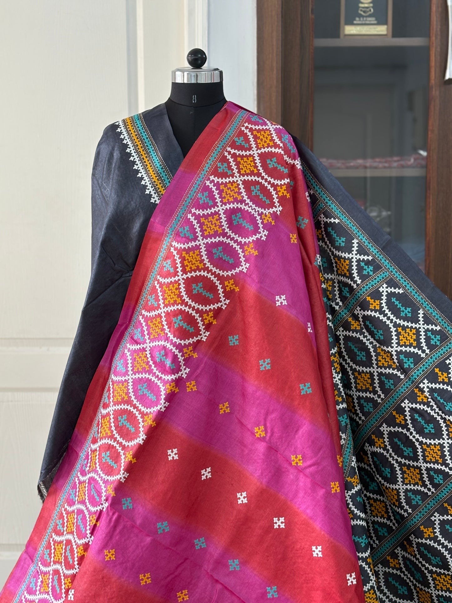 Kutch work/Gujrati stitch Hand Embroidered Pure Tassar Silk Saree