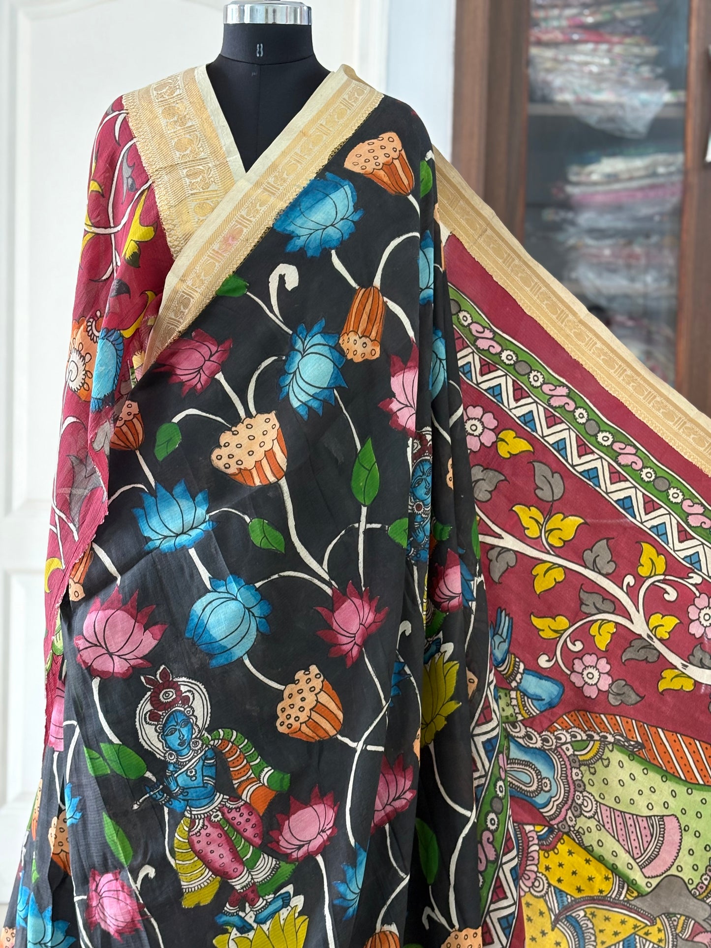 Pen Kalamkari hand painted Banglore Silk Saree with blouse