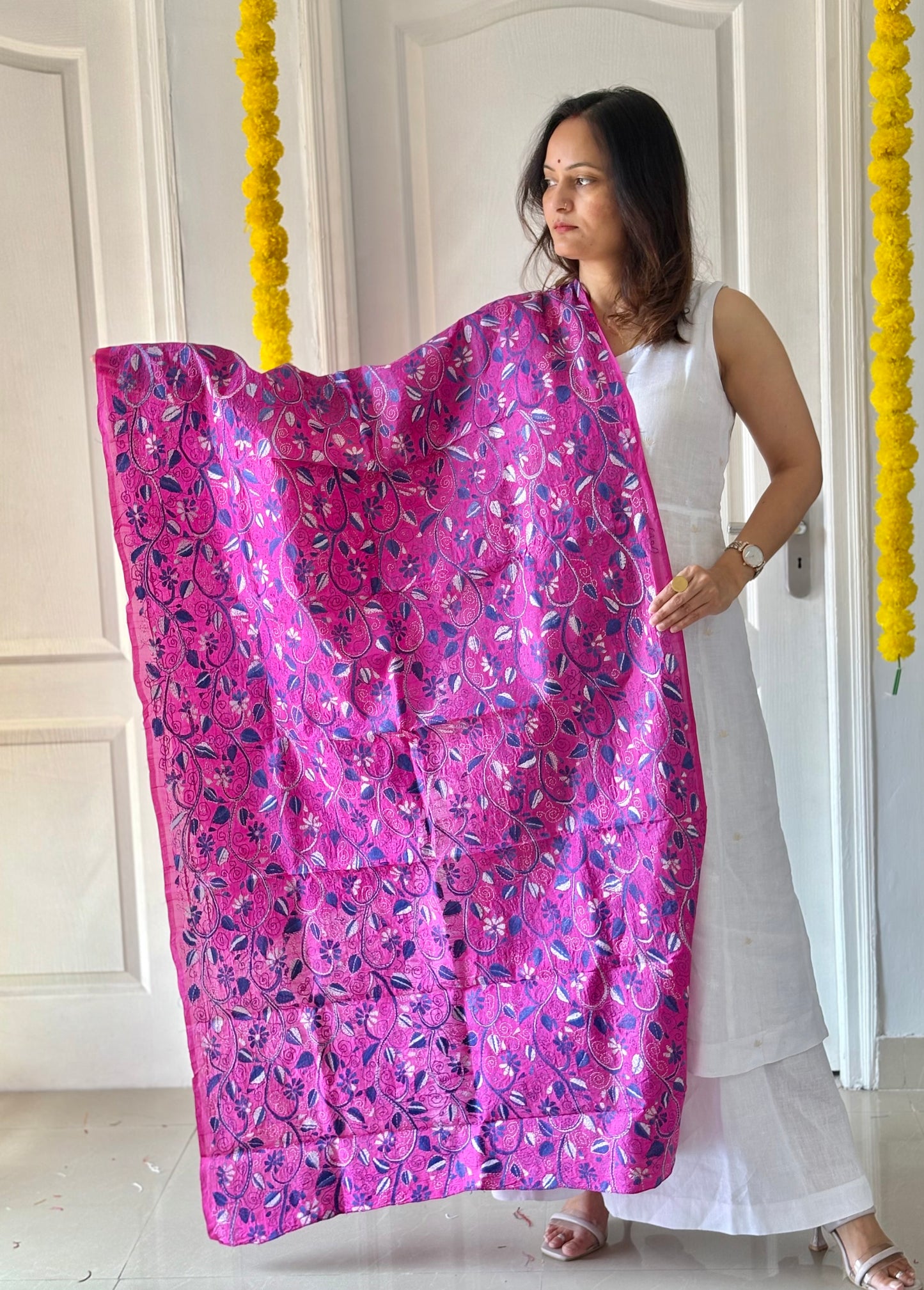 Kantha stitch semi Tusshar Silk dye Dupatta