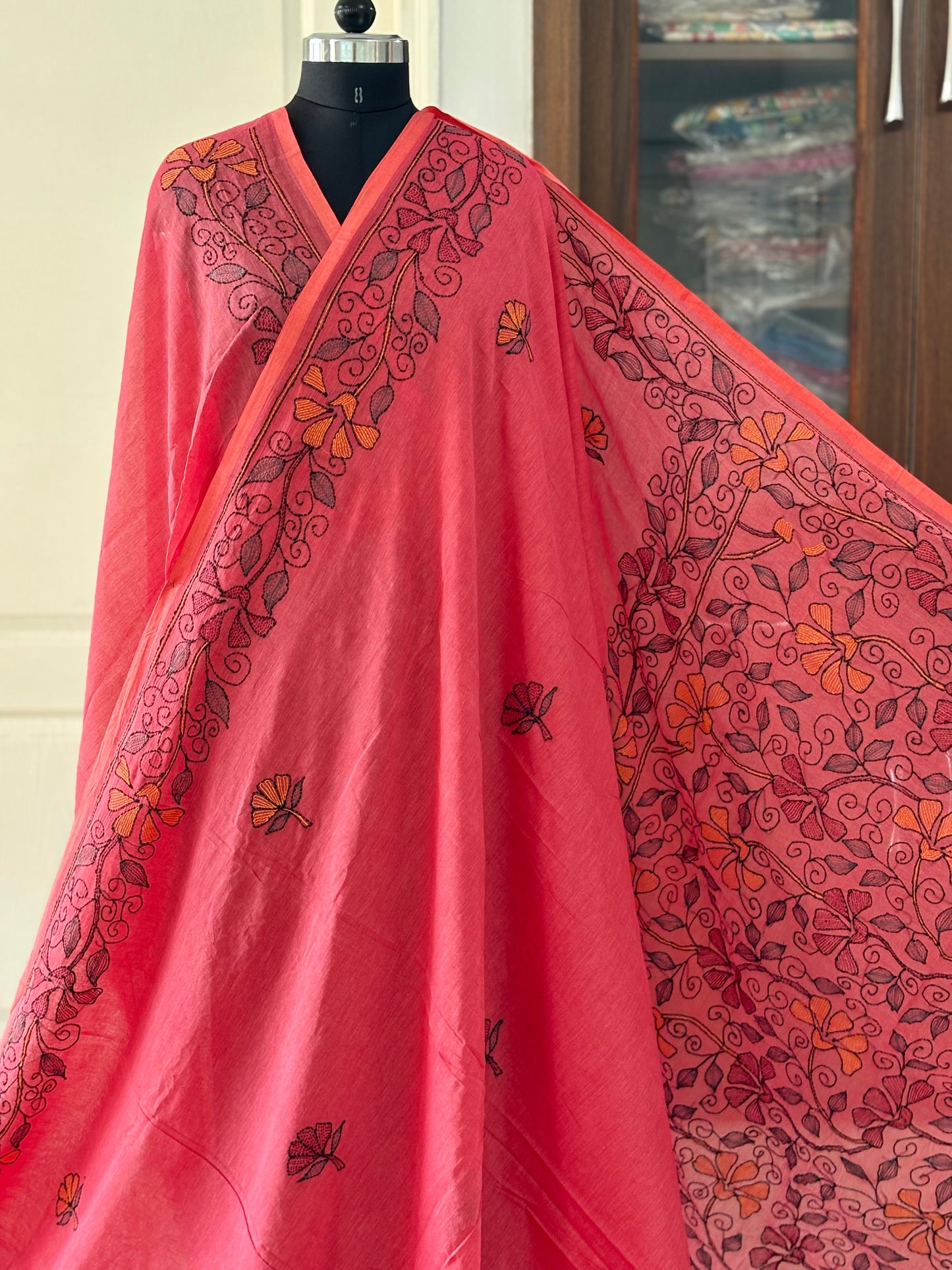 Kantha stitch Hand Embroidered Pure mul Cotton Saree