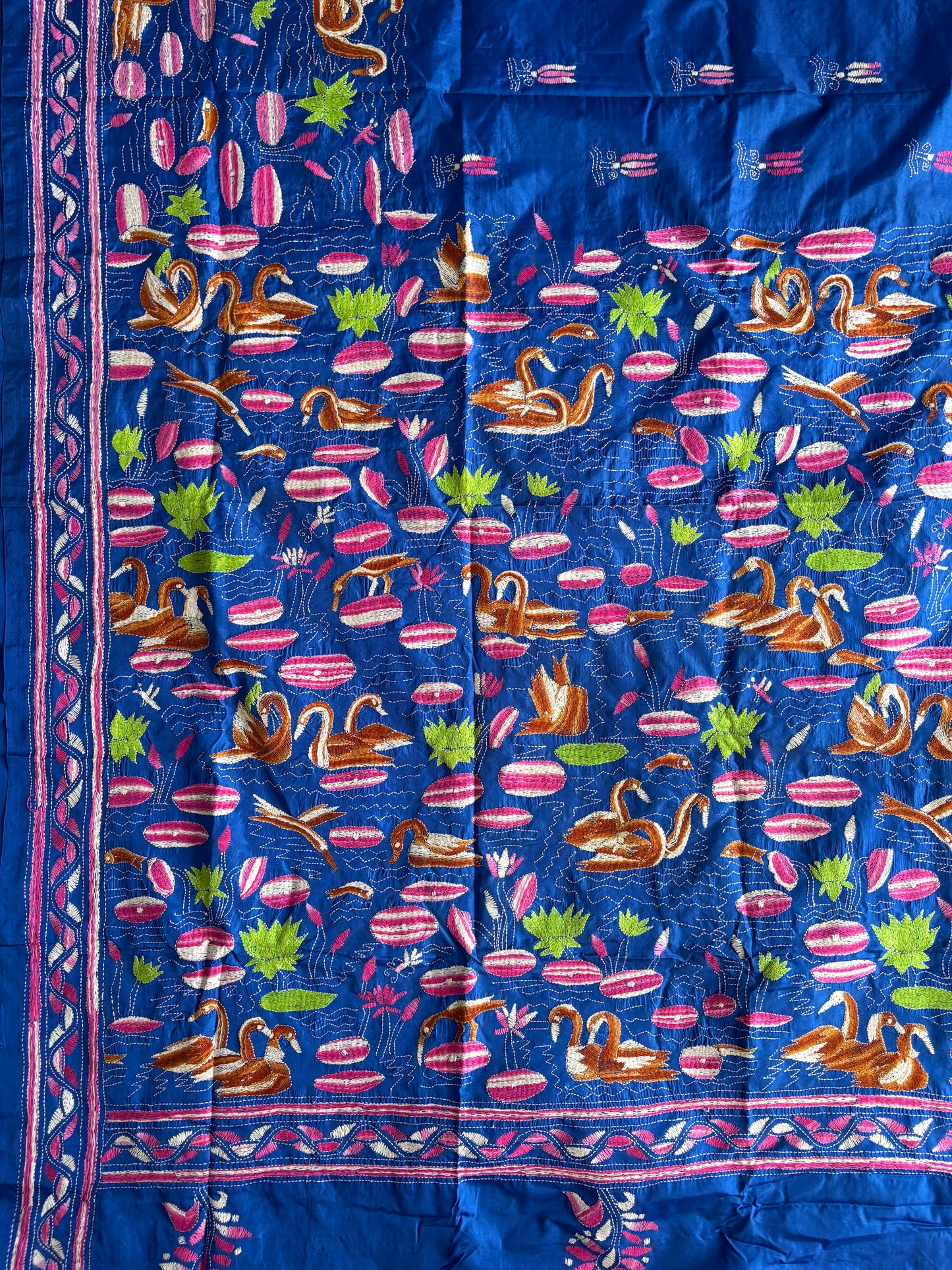 Royal Blue Hand work Kantha stitch Saree in art silk/Blended Banglore Silk