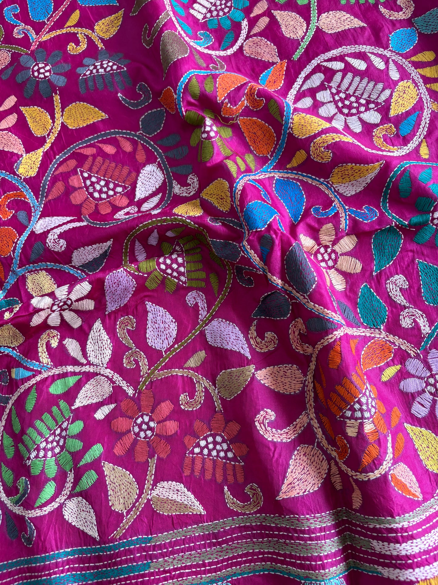 Kantha Stitch Hand Embroidered Pure Banglore Silk Batik Saree (Silk Marked)