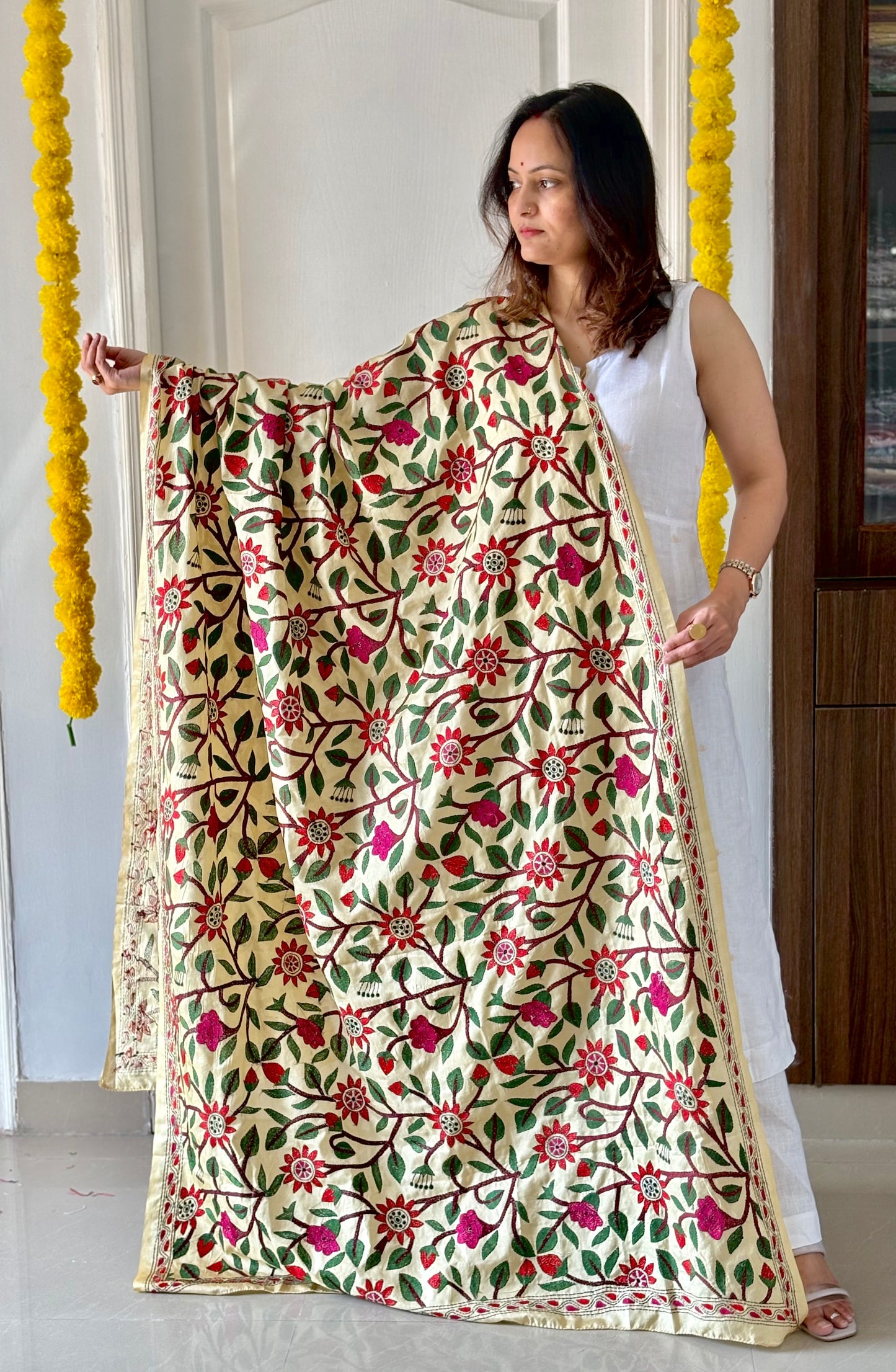 Kantha Stitch Hand Embroidary Full Work Blended Banglore Silk Dupatta 44″