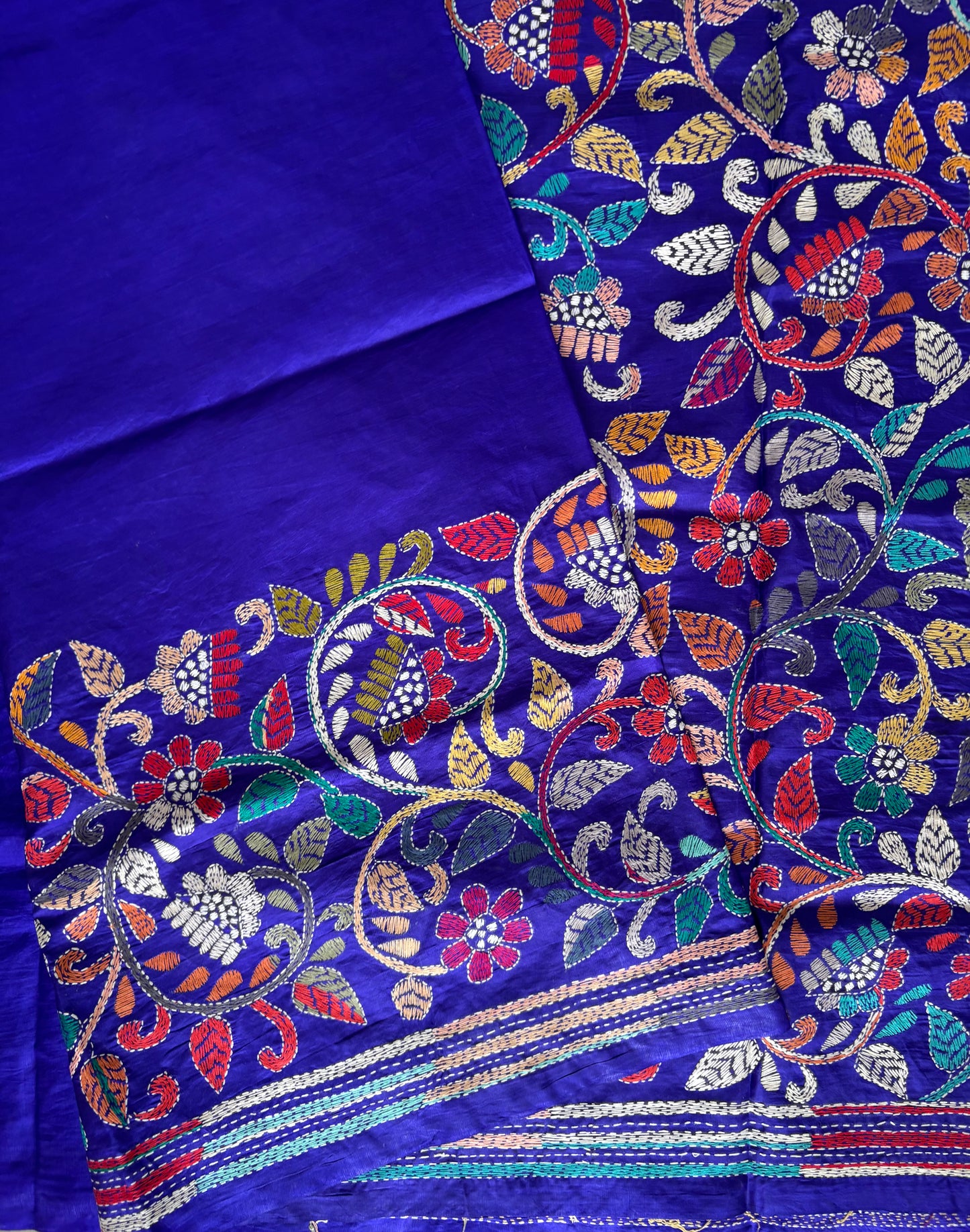 Kantha Hand Embroidered Pure Banglore Silk Saree (Silk Marked)