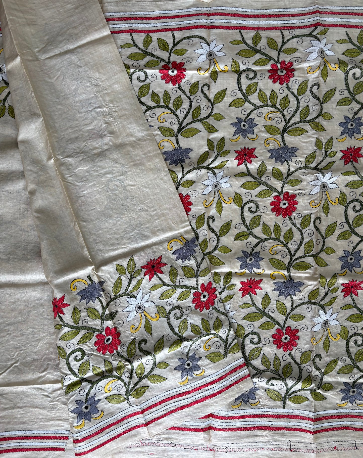 Kantha Stitch Hand Embroidered Pure Gachi by Gachi Tussar Silk Saree (Silk Marked)