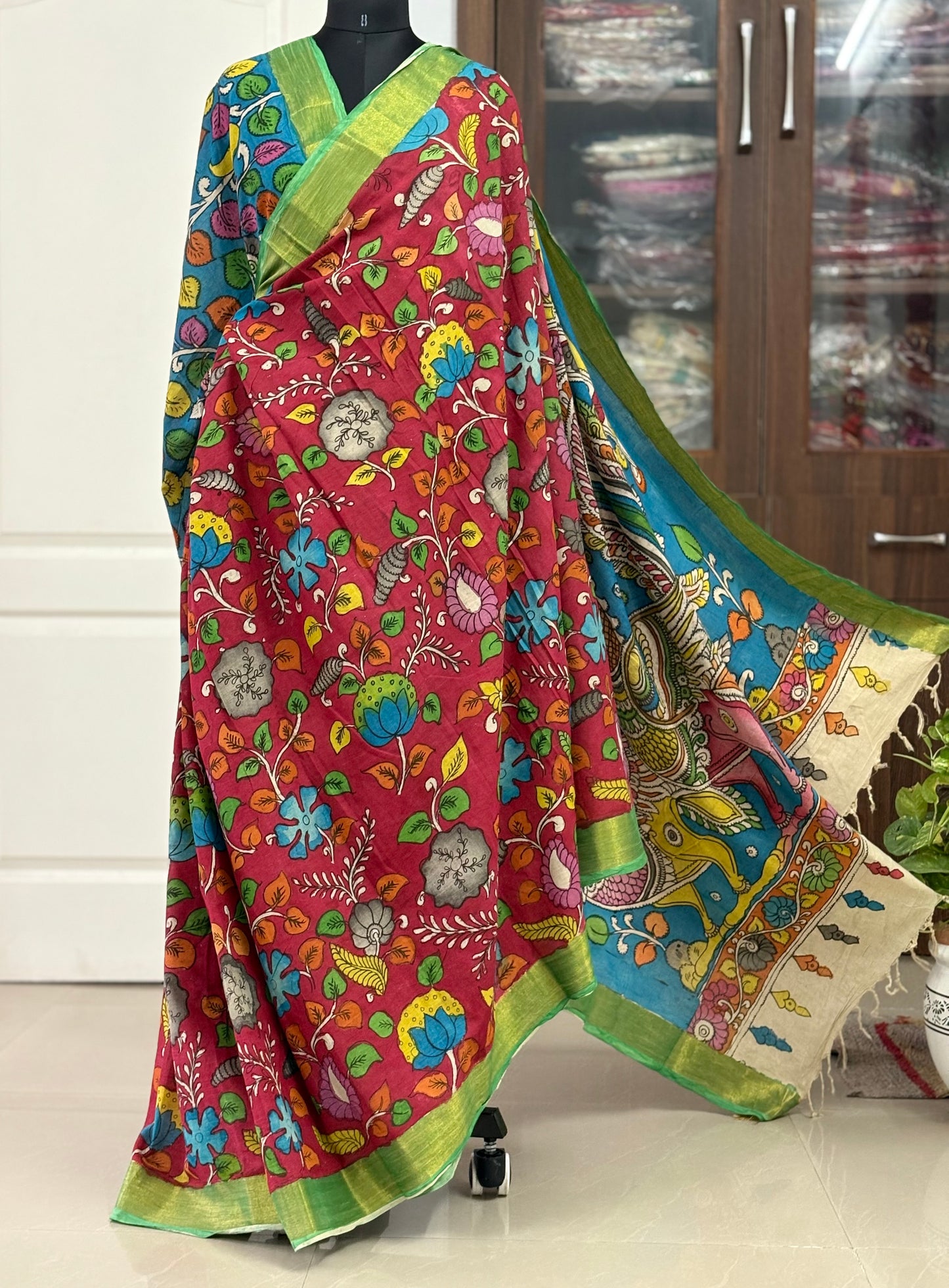 Pen Kalamkari hand painted pure cotton Saree with blouse