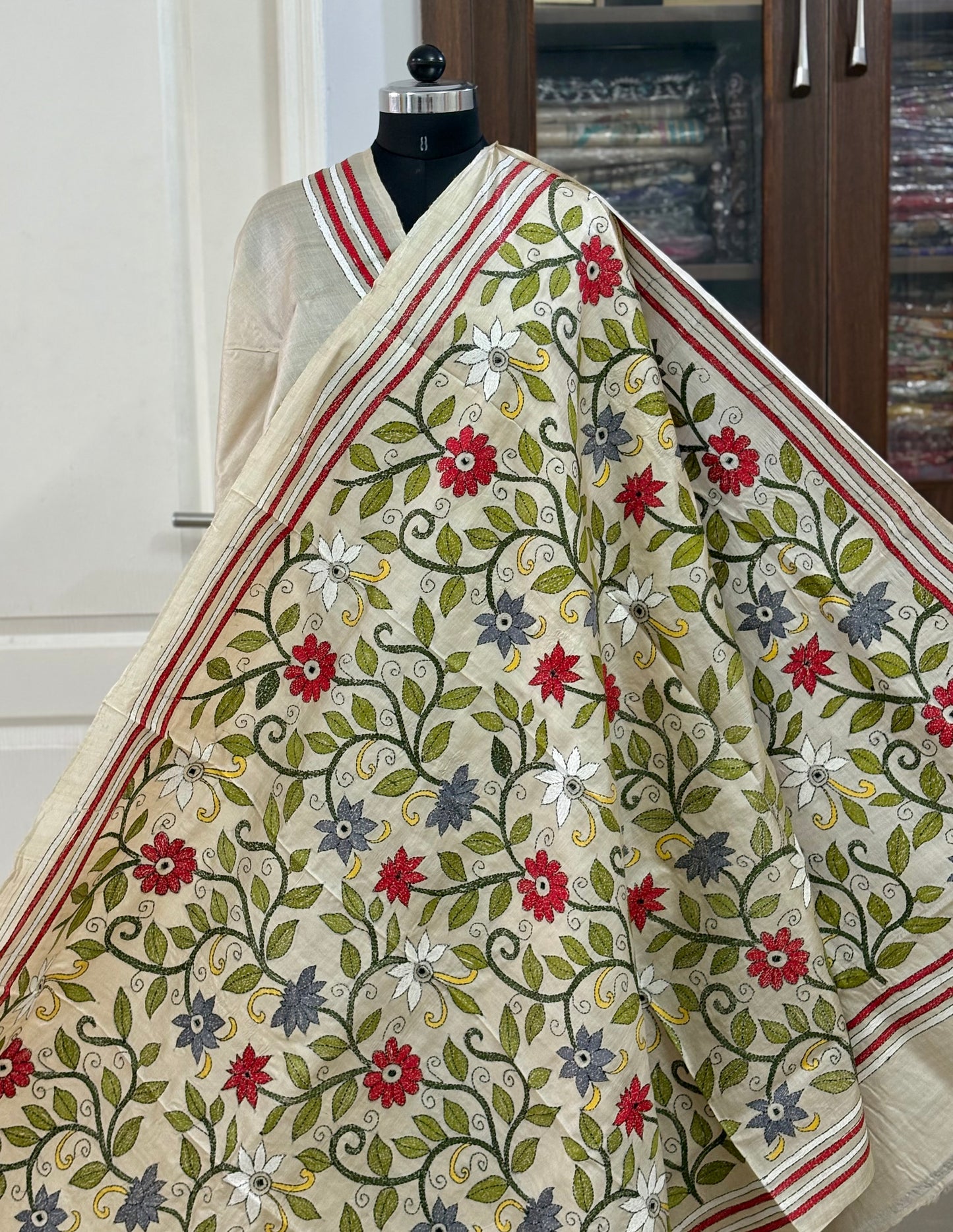 Kantha Stitch Hand Embroidered Pure Gachi by Gachi Tussar Silk Saree (Silk Marked)