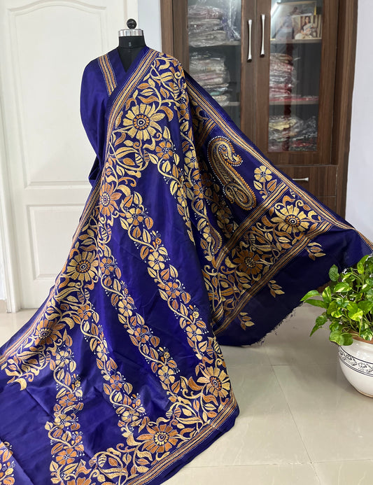Kantha - Stitch Hand Embroidered Saree | Pure Bangalore Silk | Silk Mark Certified | Royal Blue