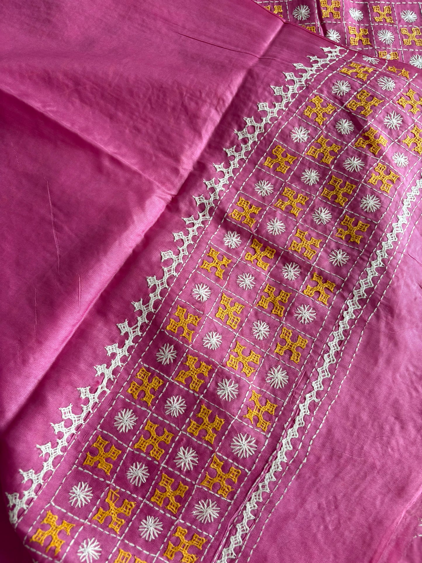 Gujrati Stitch/Kutch Hand Embroidered Art Silk Saree