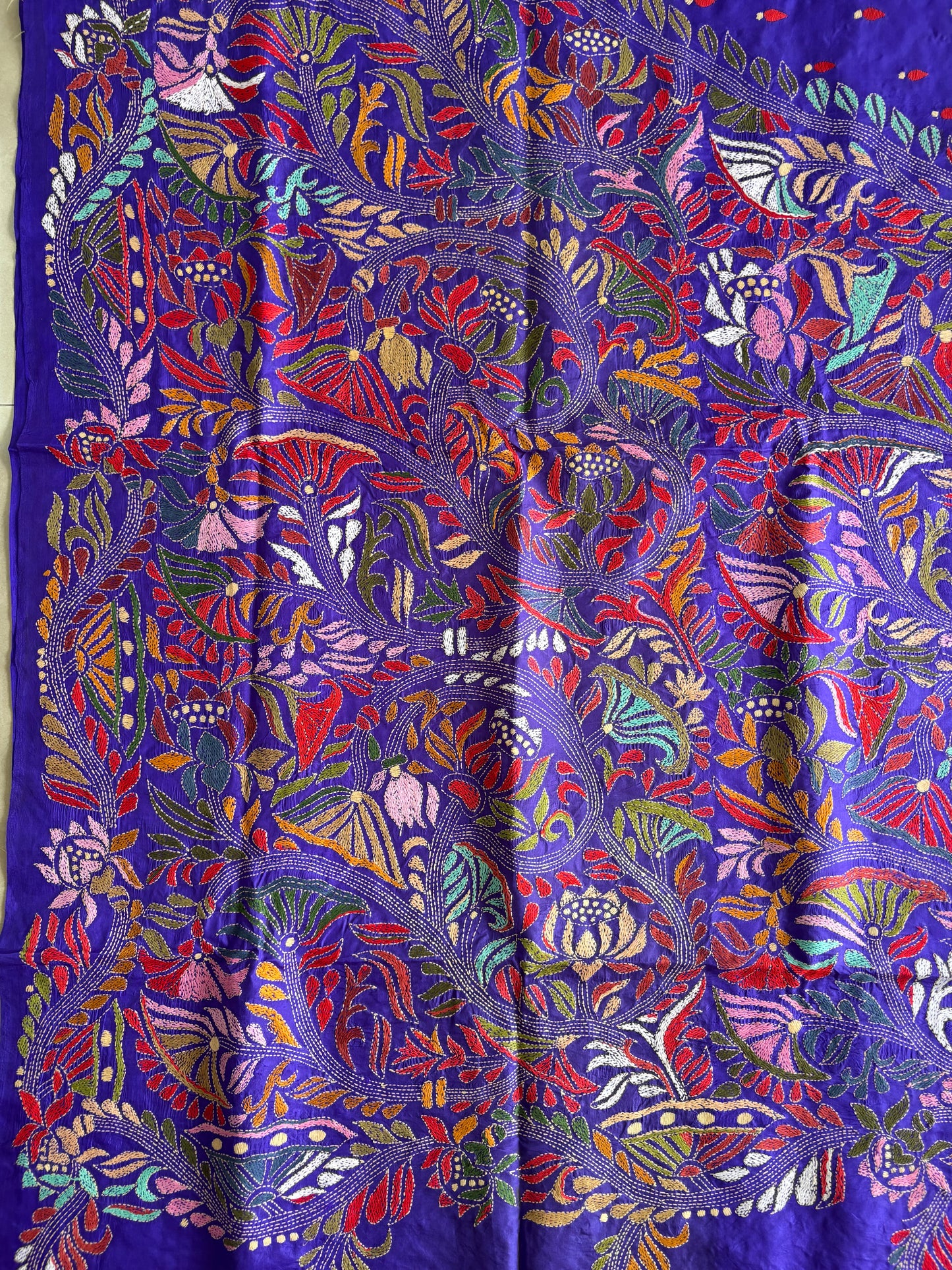 Blue Kantha Stitch Hand Embroidered Pure Banglore Silk Saree