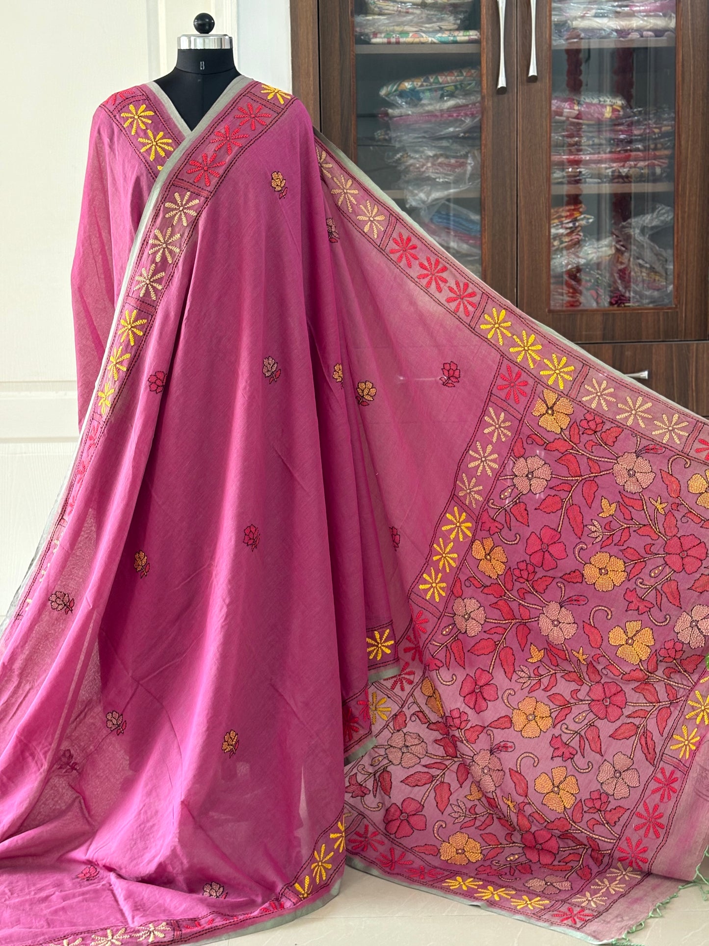 Kantha stitch Hand Embroidered Pure mul Cotton Saree