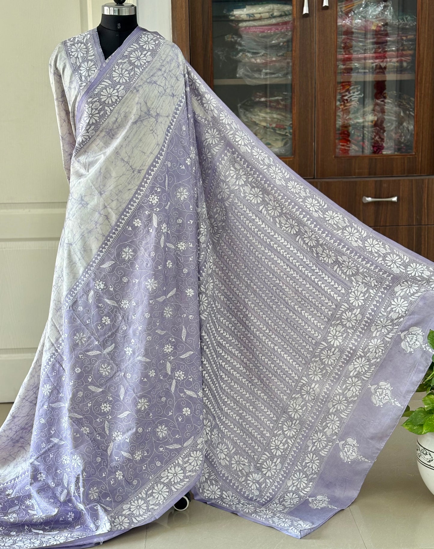 Kantha Stitch Hand Embroidered Art Silk Saree With Blouse