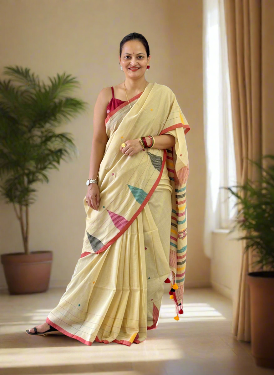 Pure Cotton handwoven Saree (Handloom Marked) - Beige