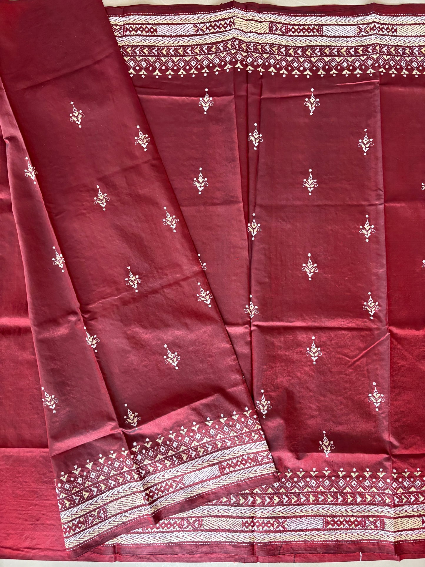 Kantha Stitch Hand Embroidered Pure Banglore Silk Saree (Silk Marked)
