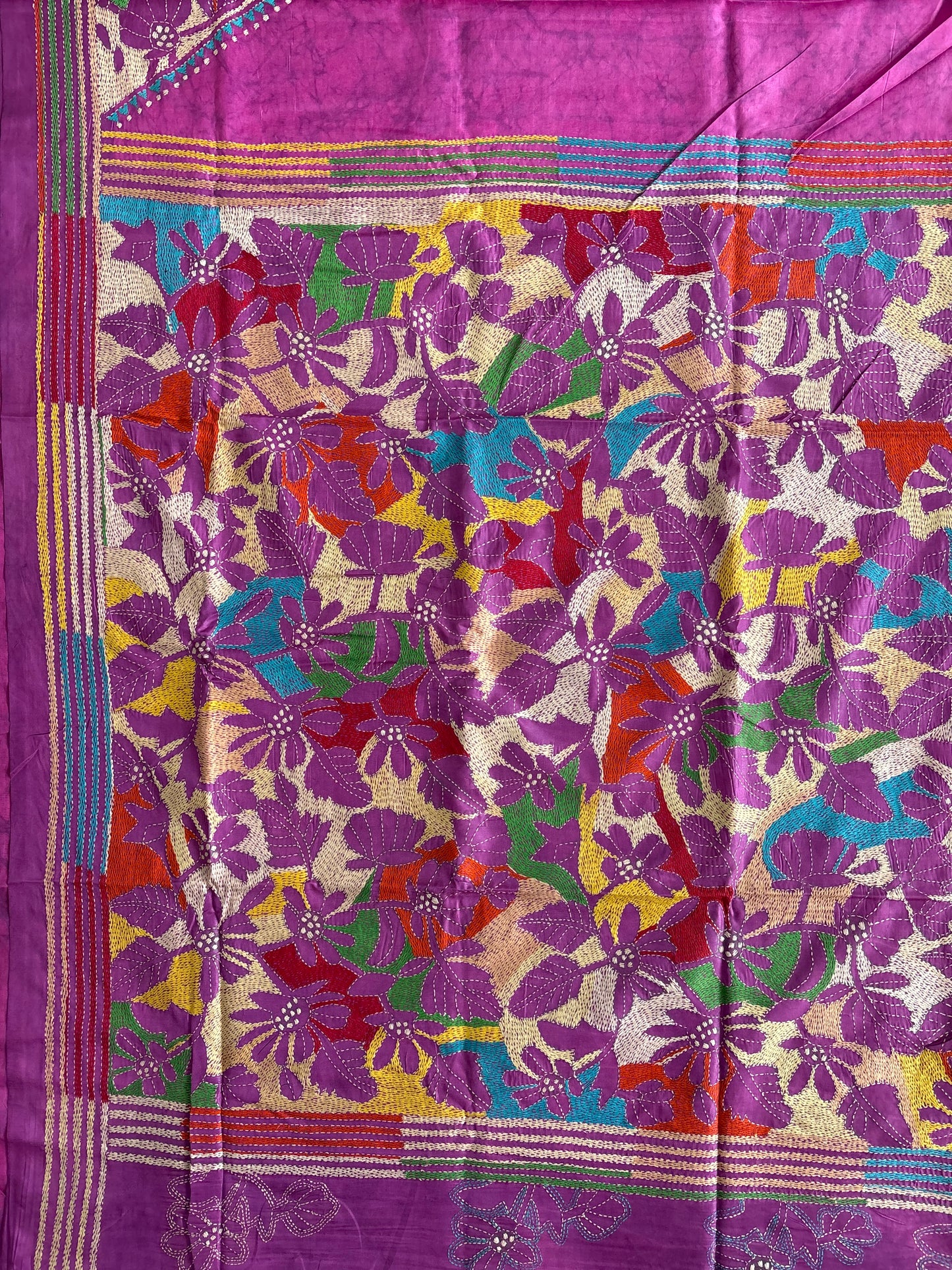 Reverse Kantha Hand Embroidered Blended Banglore Silk/Art Silk Saree With Blouse