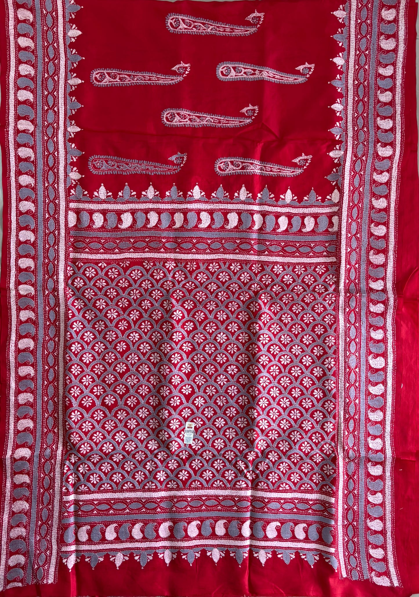Red Kantha Stitch Hand Embroidered Pure Banglore Silk Saree (Silk Marked)