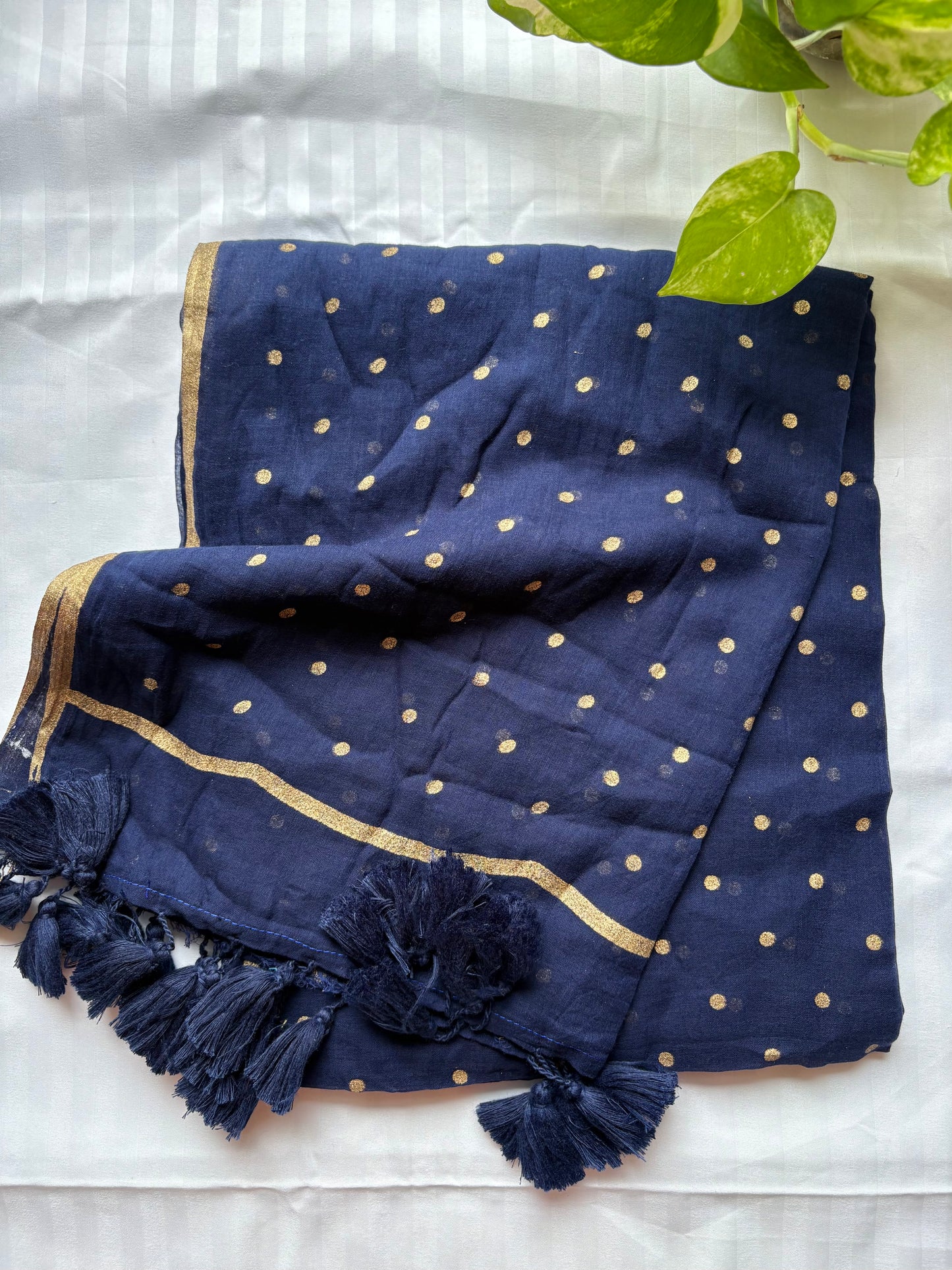Polka dot pure Mul Cotton Saree - Navy Blue