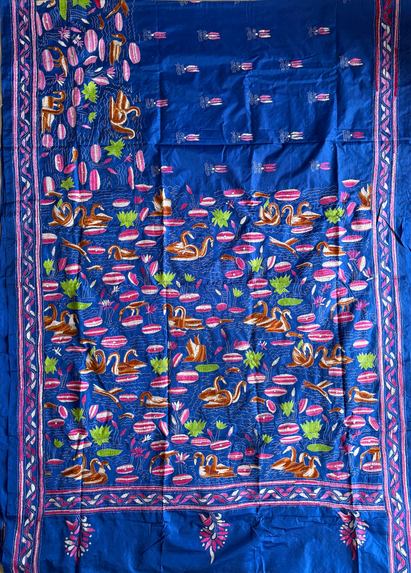 Royal Blue Hand work Kantha stitch Saree in art silk/Blended Banglore Silk
