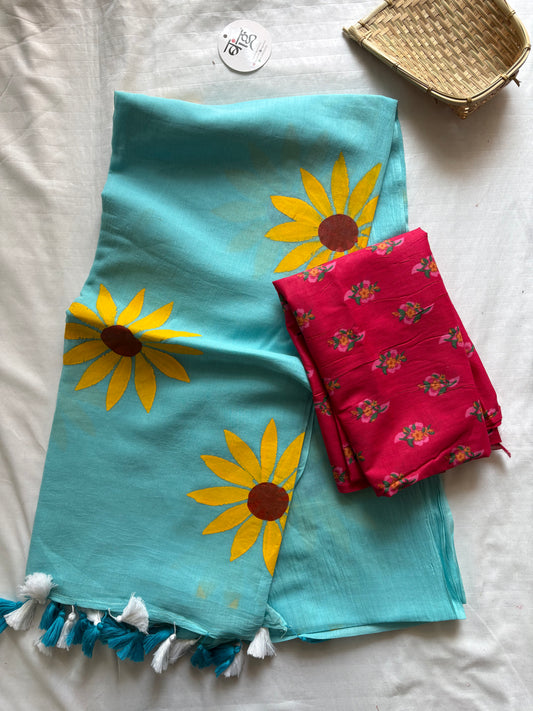Hand Painted Mul Cotton Saree with Blouse | Sky Blue