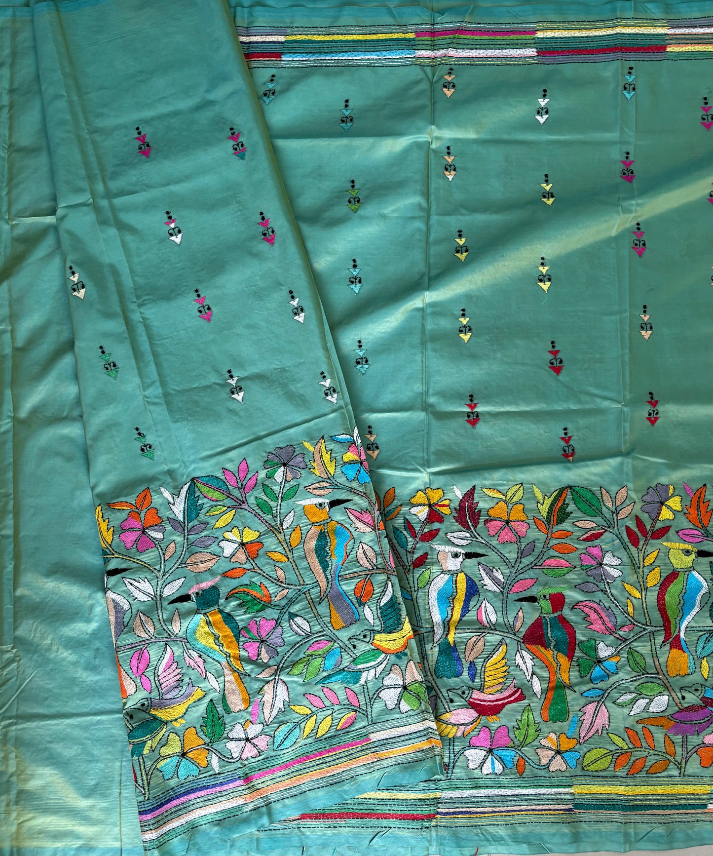 Kantha Stitch Hand Work Embroidered Art Silk Saree With Blouse