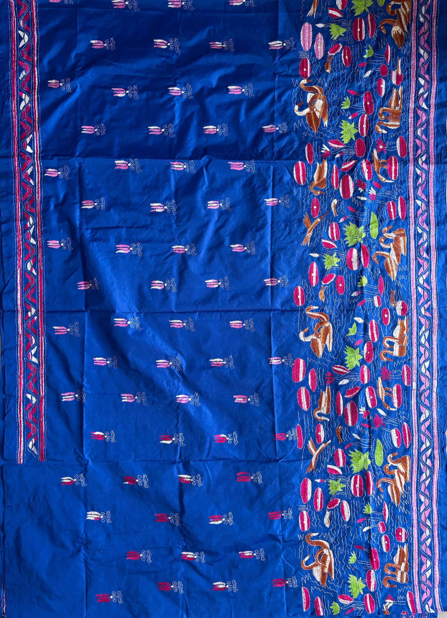 Royal Blue Hand work Kantha stitch Saree in art silk/Blended Banglore Silk