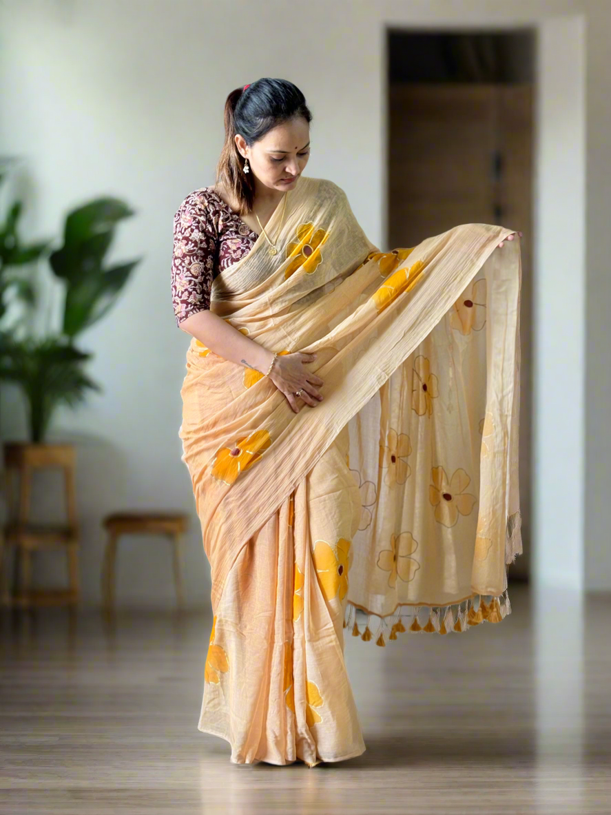 Hand Painted Mul Cotton Saree - Badami