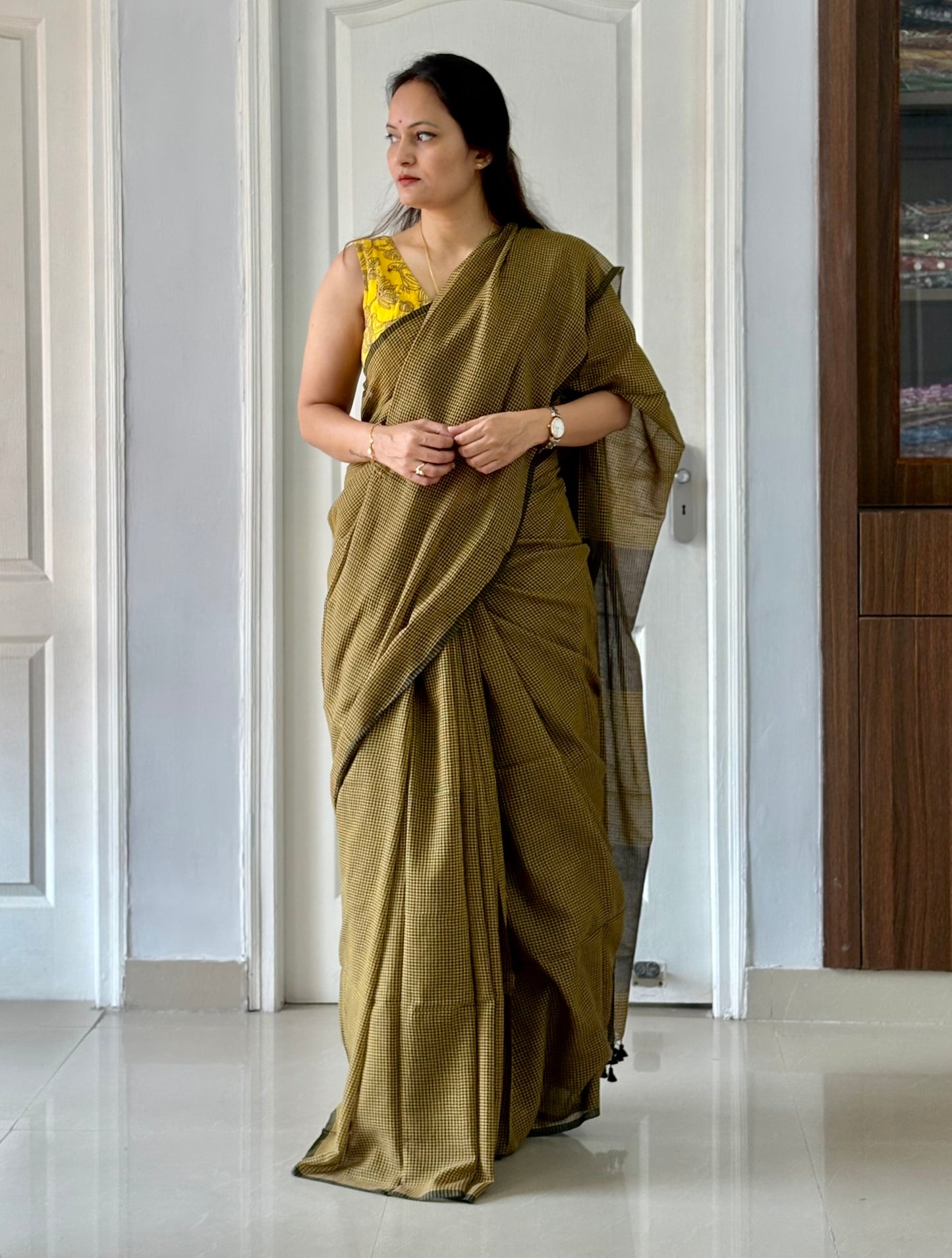 Gamcha Check Mul Cotton handwoven Saree (Handloom Marked)