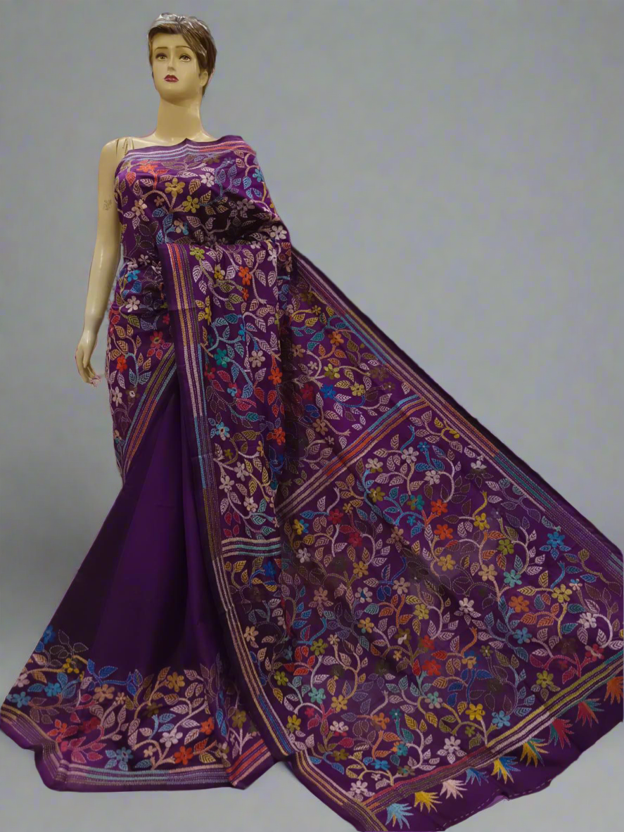Kantha Hand Embroidery Pure Silk Saree – flowers