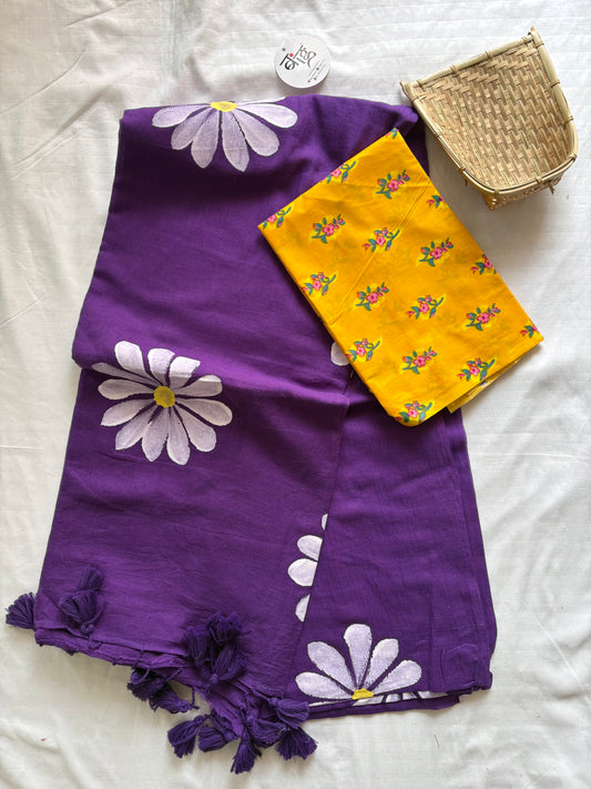 Hand Painted Mul Cotton Saree with Blouse | Purple