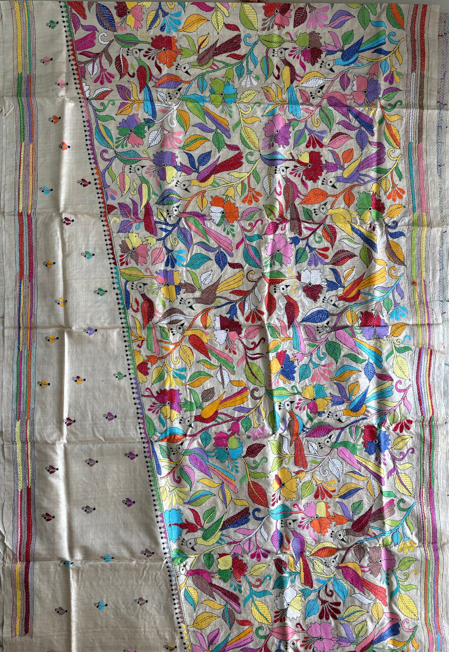 Kantha Stitch Hand Embroidered Pure Gachi Tussar Silk Saree (Silk Marked)