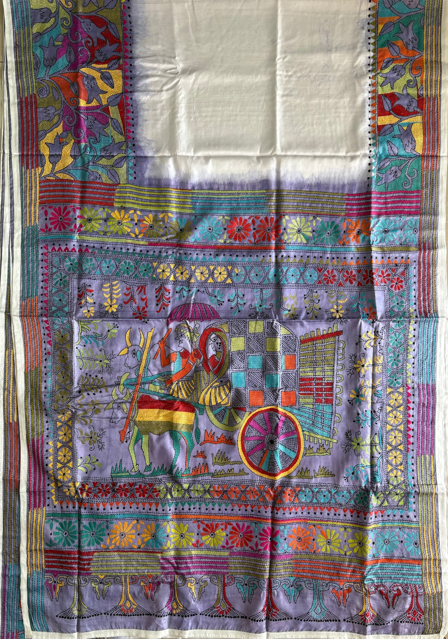 Hand work Kantha stitch Saree in Artificial silk